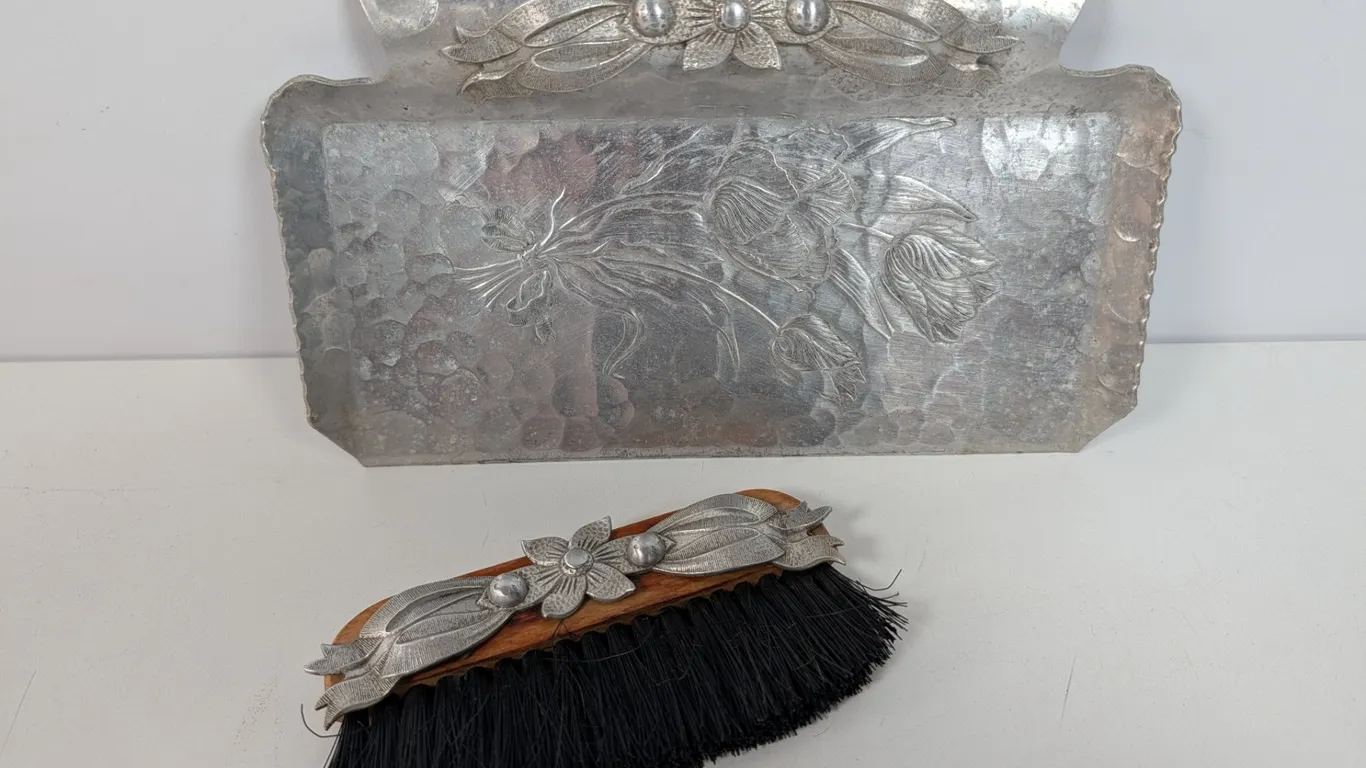 Rodney Kent Hand Wrought Hammered Aluminum Floral Dustpan and Brush Set