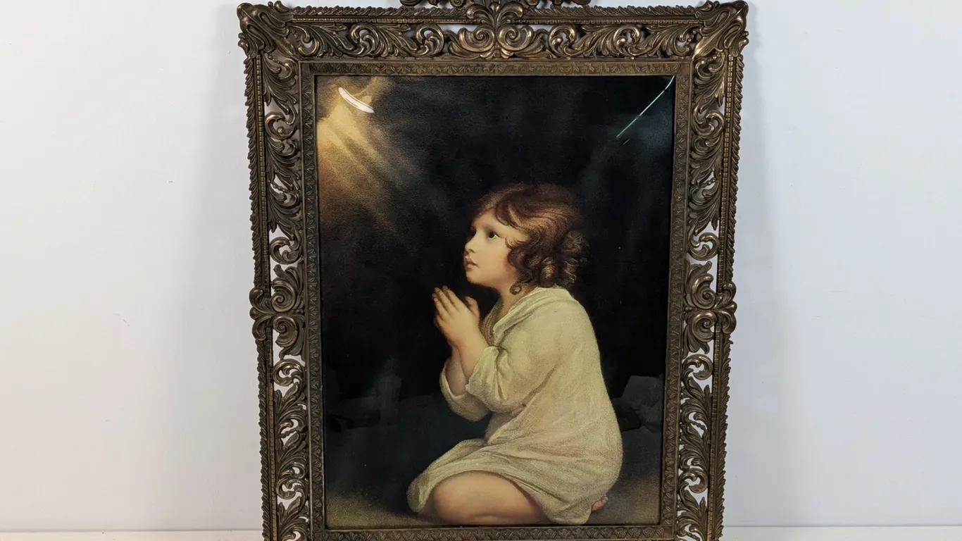 Vintage Religious Print of Praying Child in Ornate Frame