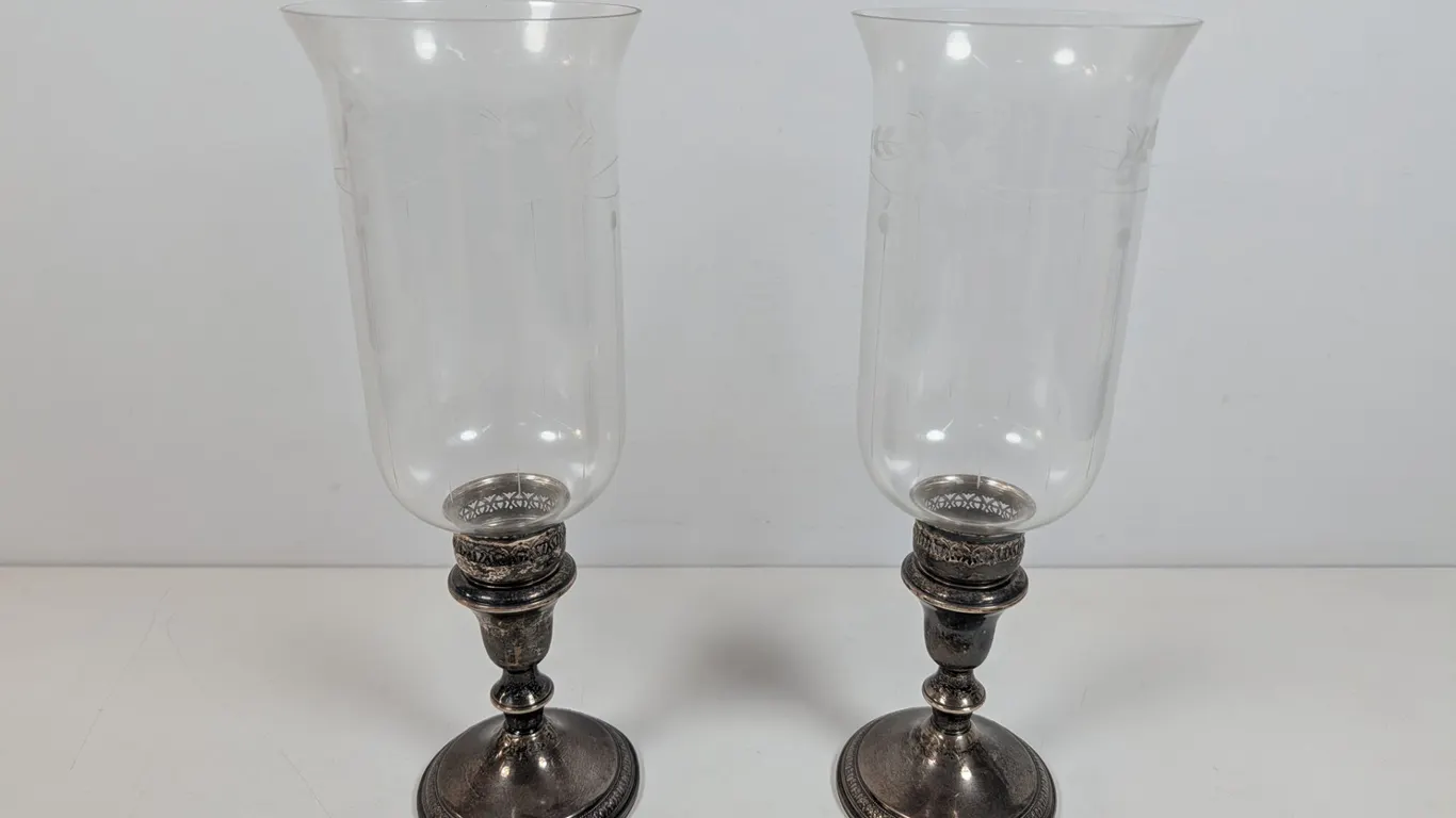 Pair of Sterling Weighted Candlesticks with Etched Hurricane Shades