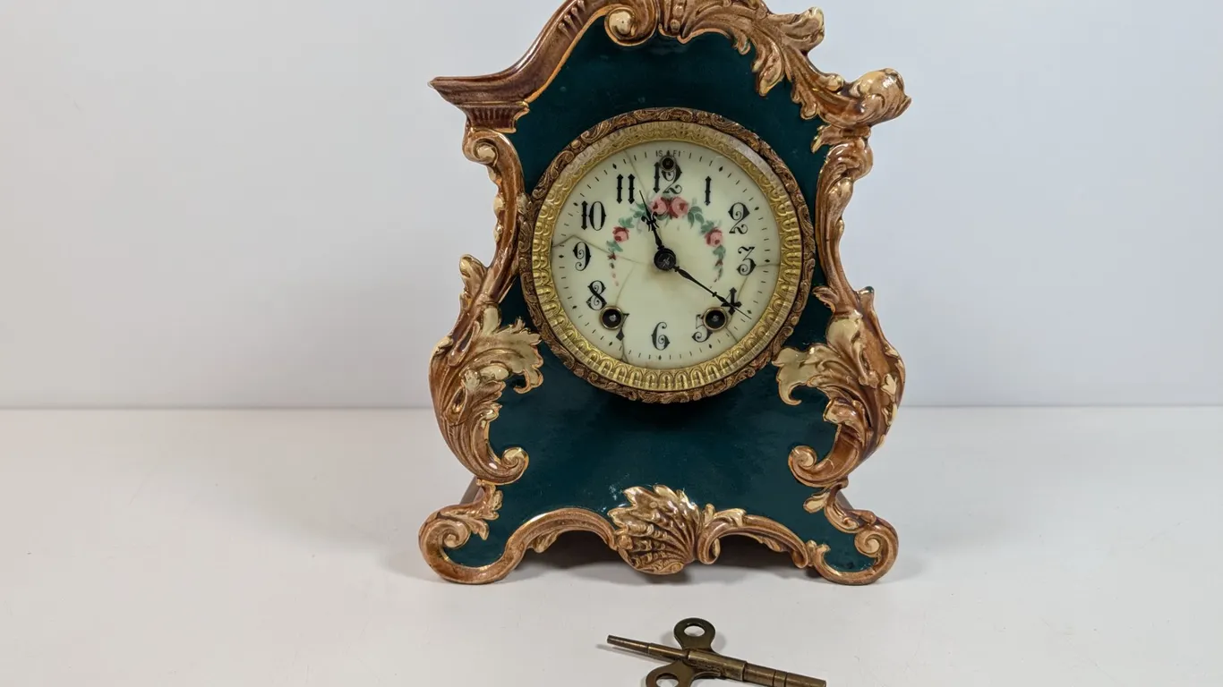 Antique WM. L. Gilbert Green Mantle Clock with Key