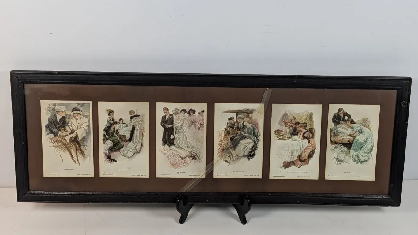 Vintage "The Story of a Wedding" Framed Postcards by Charles Scribner's Sons