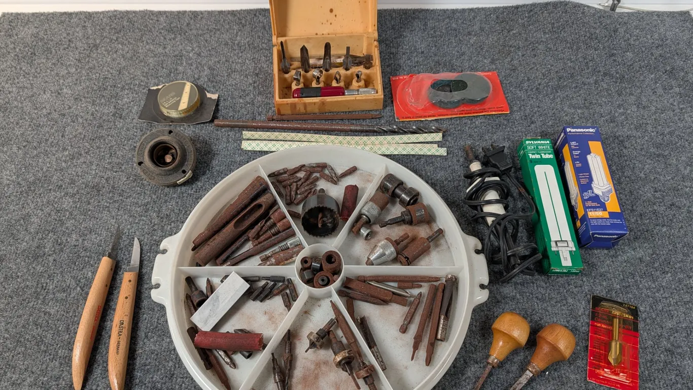 Mixed Lot of Vintage & Modern Hand Tools, Bits, and Lighting