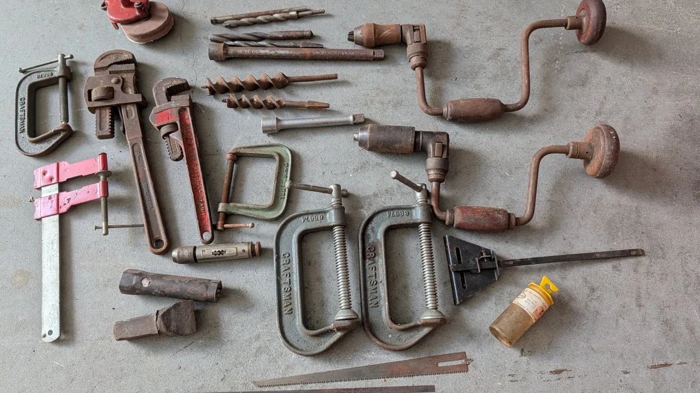 Vintage Hand Tools Lot with Craftsman Clamps, Braces, and Wrenches