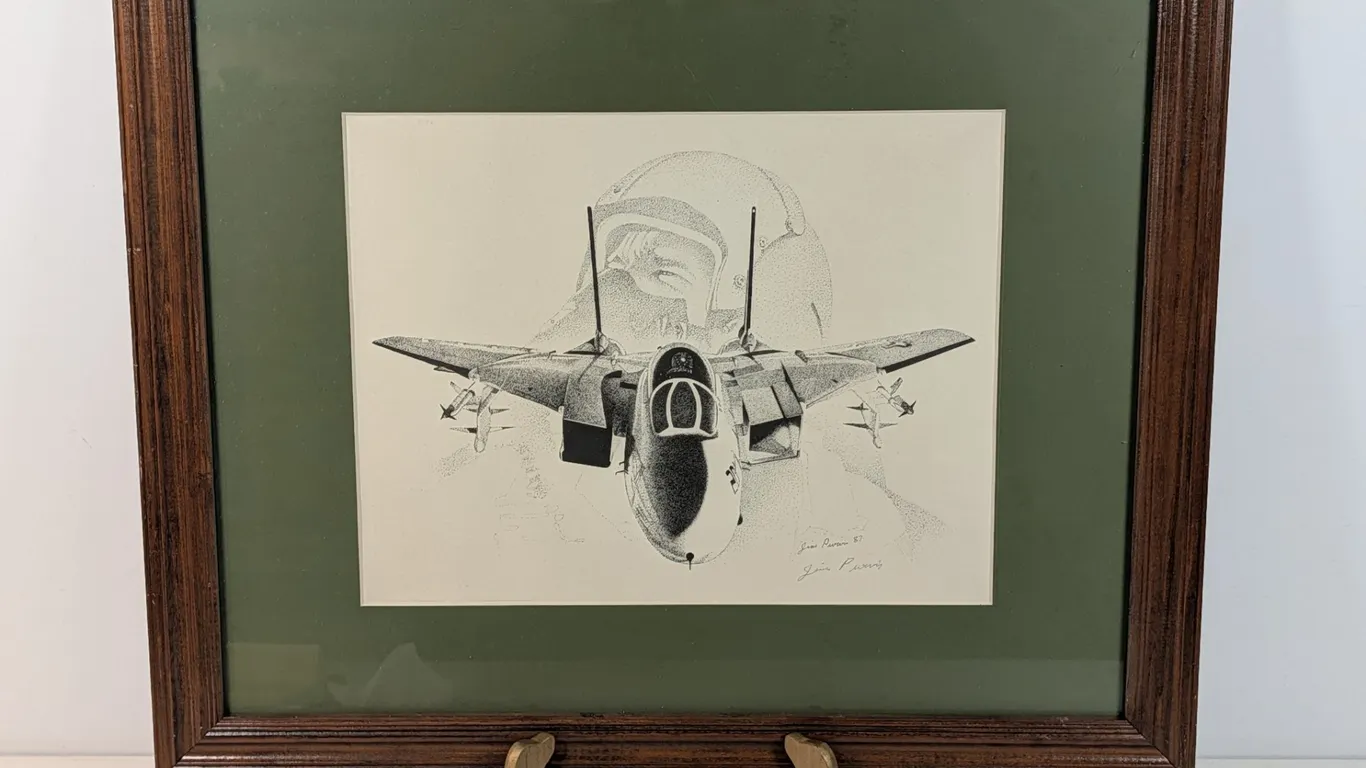 Jim Purvis Signed F-14 Tomcat Fighter Jet Pilot Stipple Art