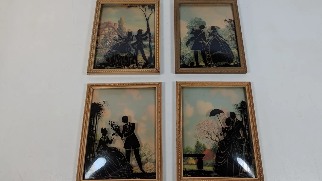 Set of 4 Vintage Reverse Painted Silhouette Pictures