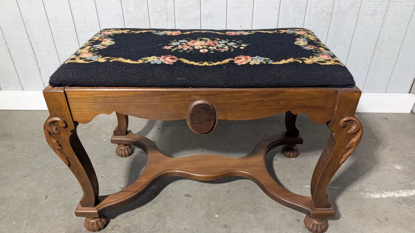 Wood Bench with Needlepoint Upholstery