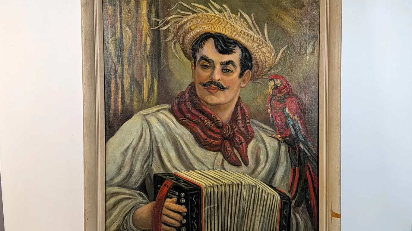 Signed Painting Portrait of Man with Accordion and Parrot
