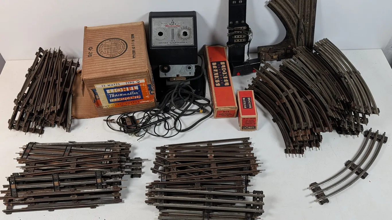 Vintage Lionel Trainmaster O Gauge Train Track, Transformer for parts, and Accessories Lot