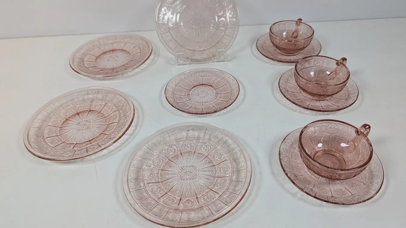 Vintage Pink Depression Glass Plates and Teacups Set