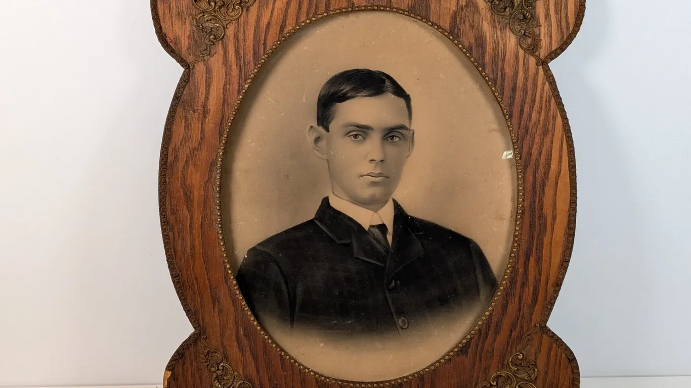 Antique Oak Wood Picture Frame with Young Man Portrait