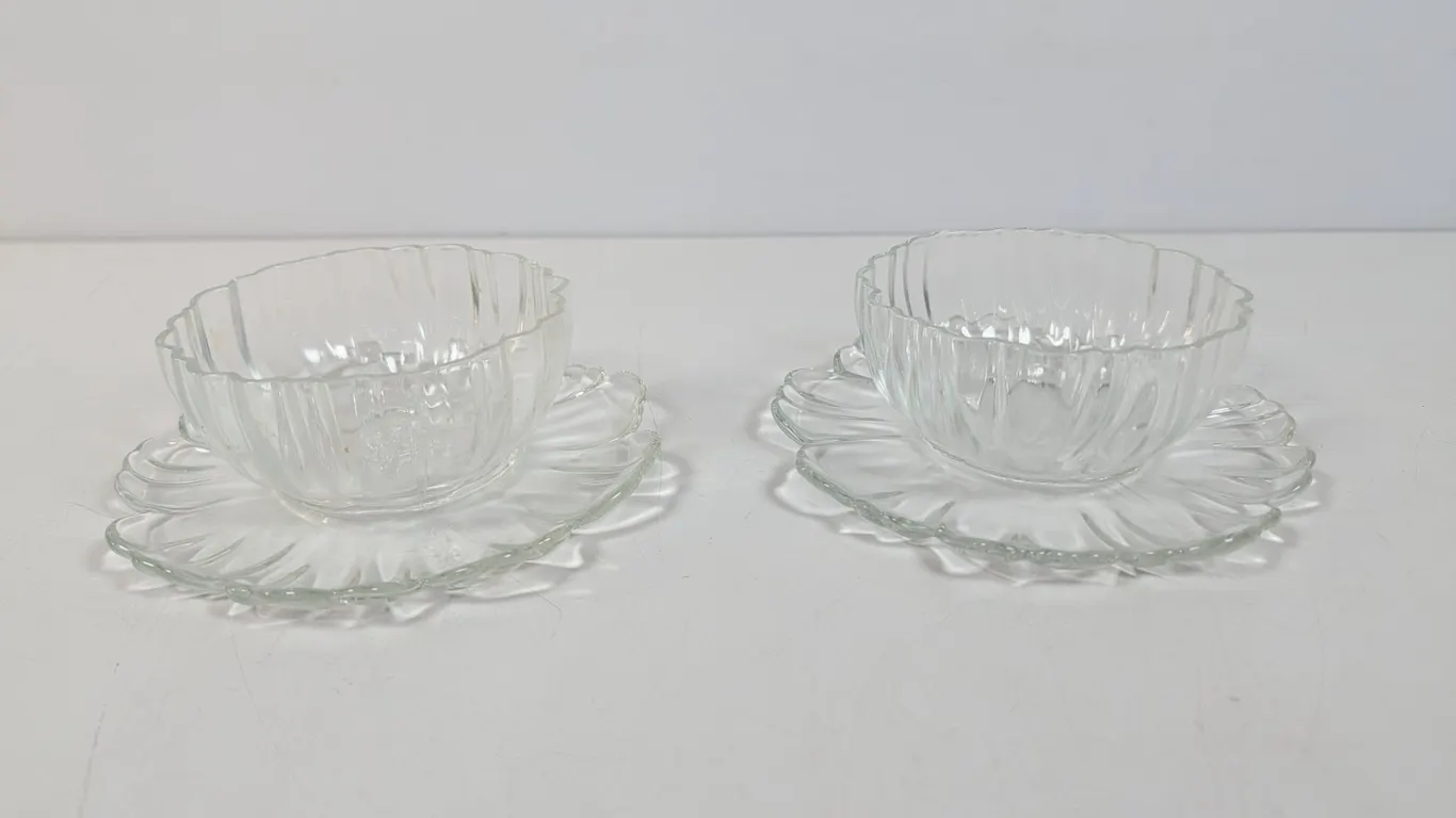 Clear Glass Connected Dessert Bowls and Plates, Set of 2