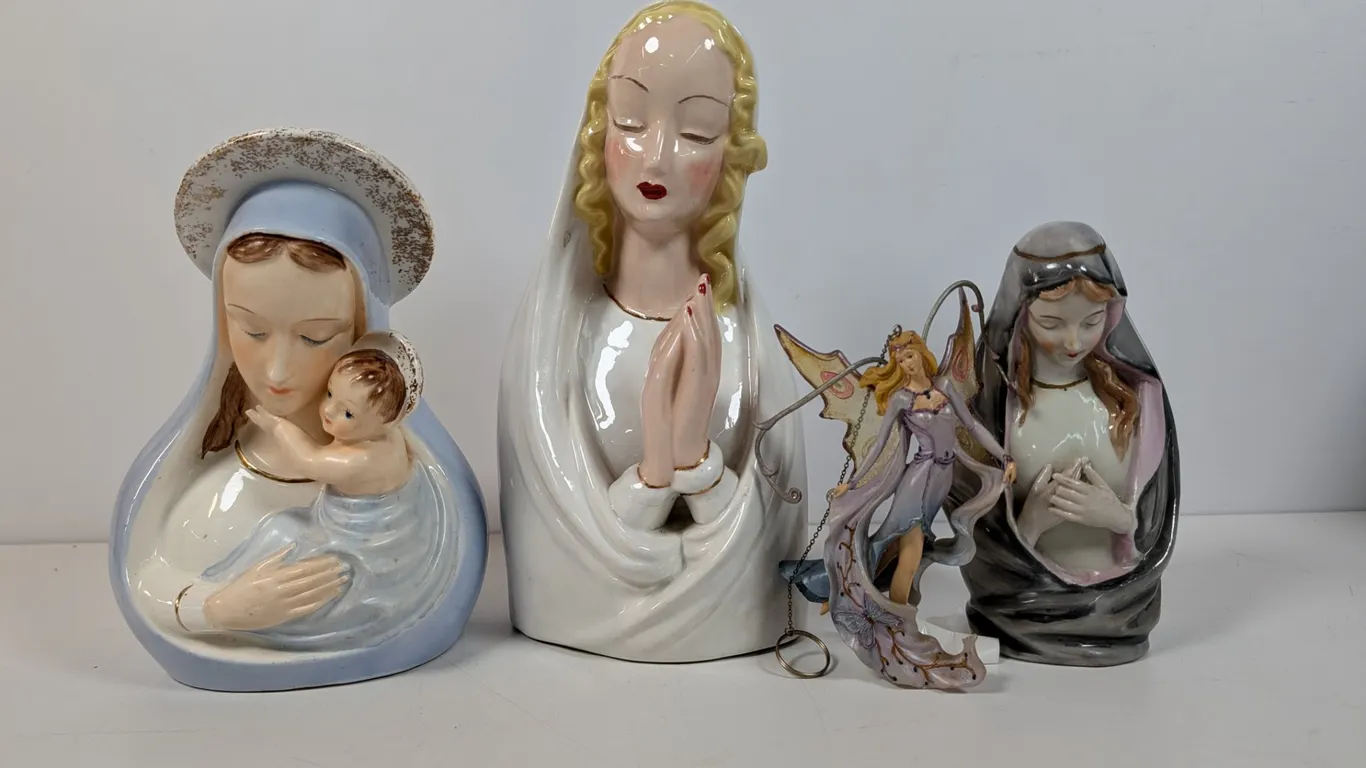 Vintage Ceramic Madonna and Child Planter with Two Praying Mary Figurine and Fairy Ornament