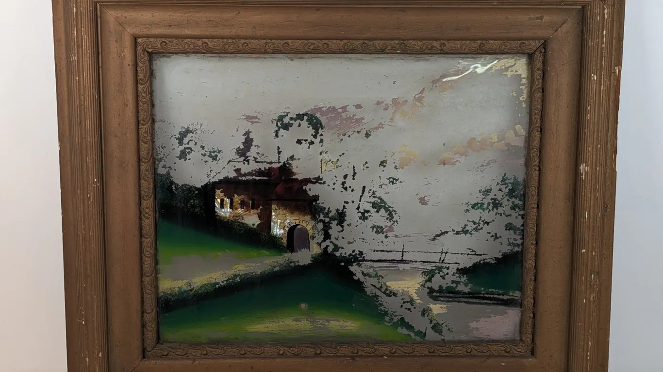 Framed Reverse Painted Glass Art Countryside Scene