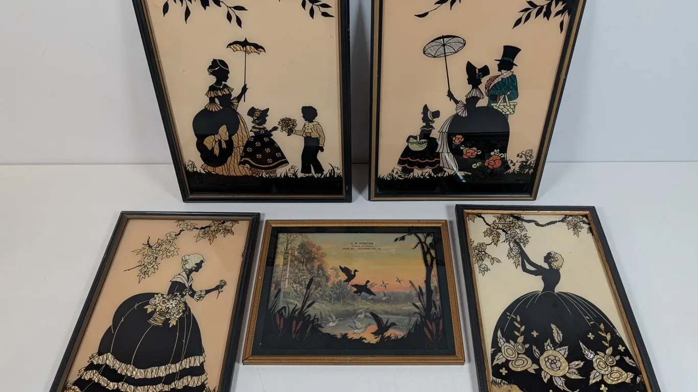 Collection of Five Vintage Reverse Painted and Silhouette Art Pieces