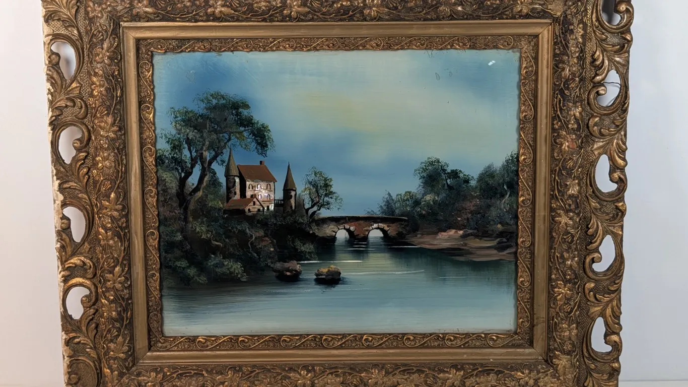 Reverse Painted Glass Landscape with Ornate Gold Frame