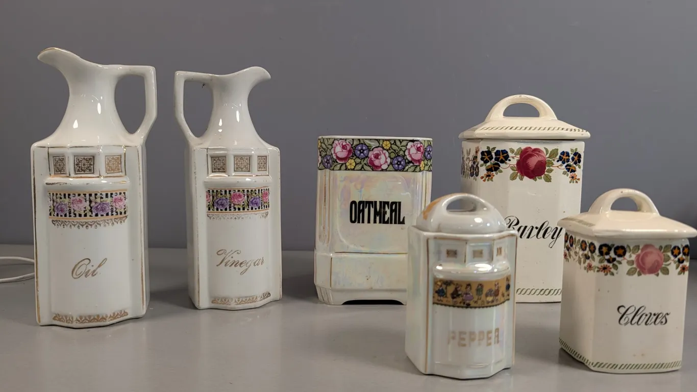 Assorted German Porcelain Kitchen Canister Set and spice jars