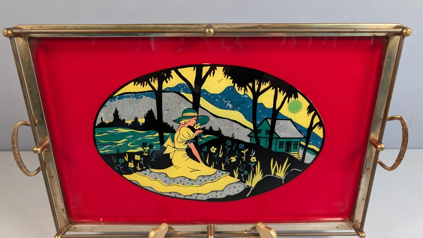 Vintage Art Deco Reverse Painted Serving Tray with Lady Motif