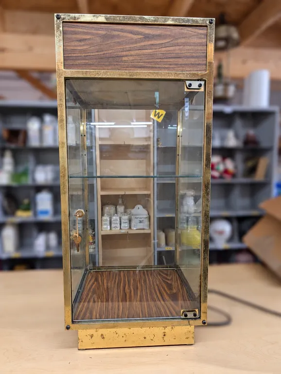 Lighted Brass and Faux Wood Display Case with Glass Shelf