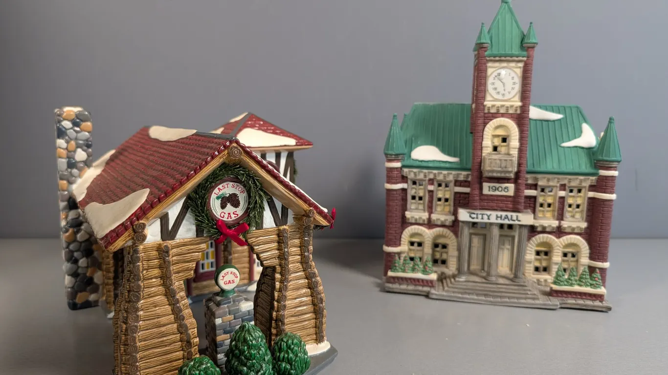 Department 56 Snow Village Last Stop Gas Station and City Hall