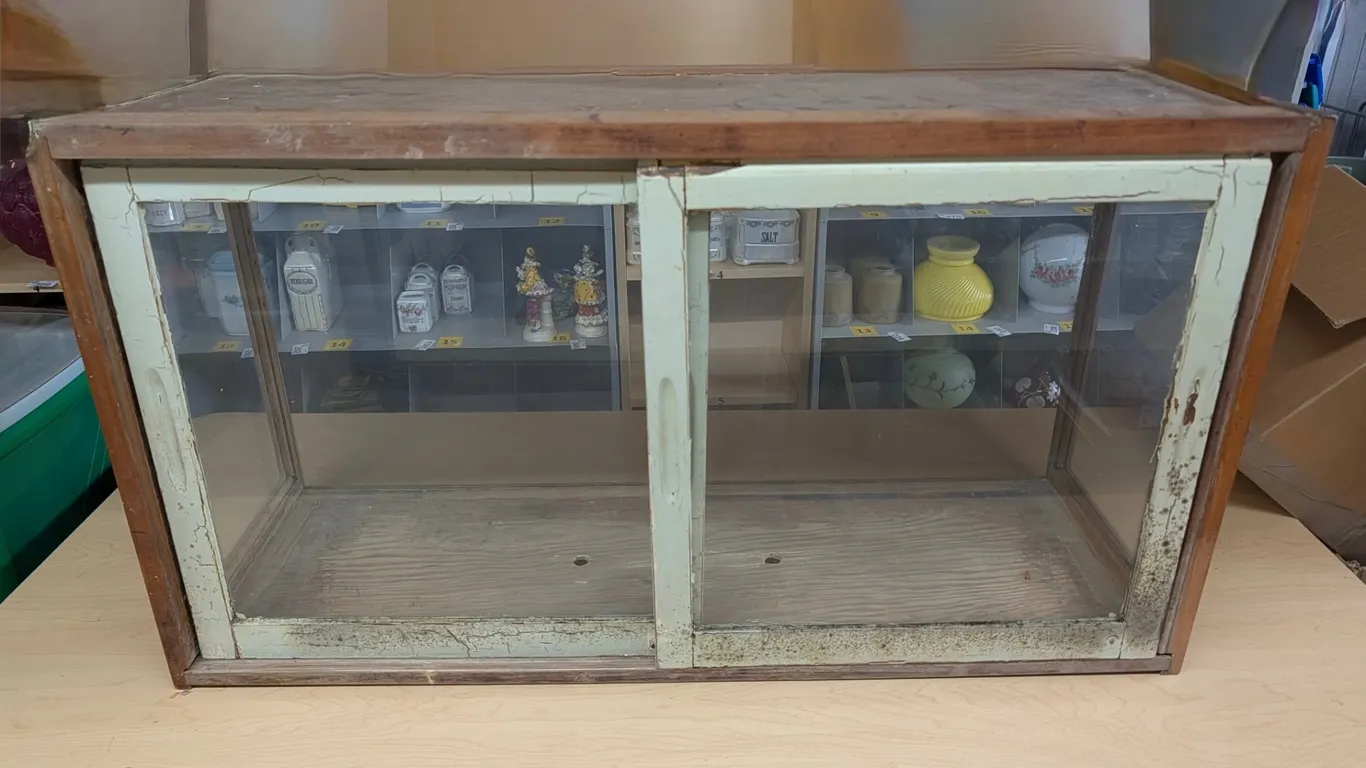 Vintage Wooden Store Display Case with Sliding Glass Doors