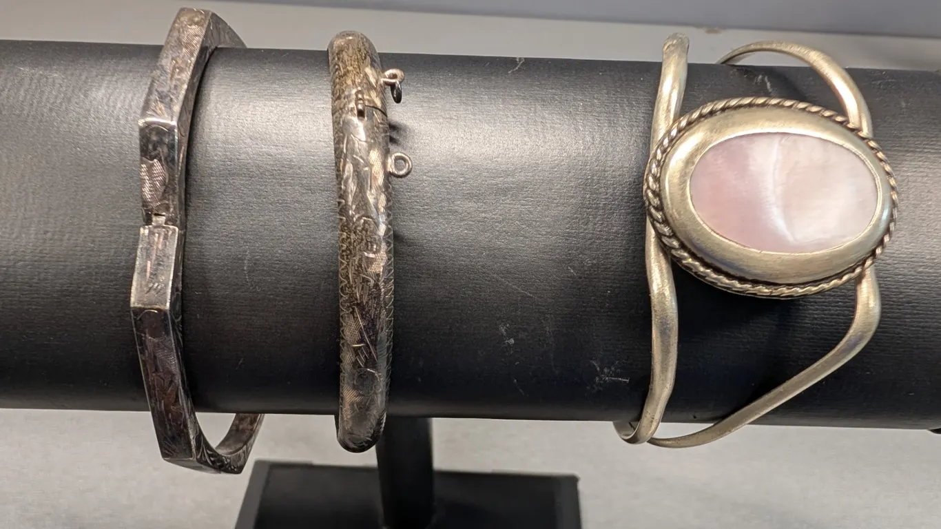Silver Tone Bangle & Cuff Bracelet Lot with Pink accent
