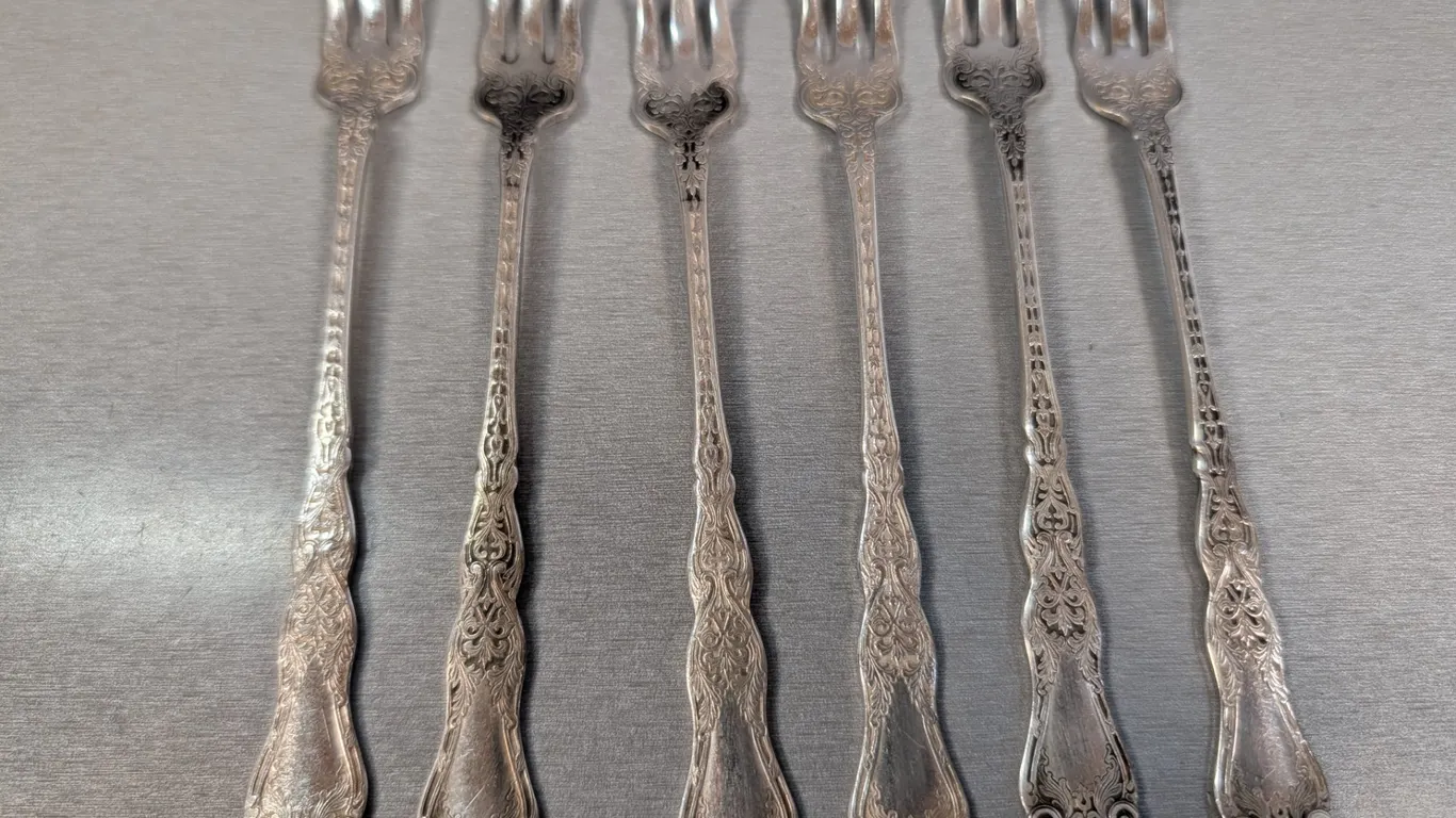 Rogers AA Silver-Tone Ornate Dessert Forks, Patented 1907 (Set of 6)