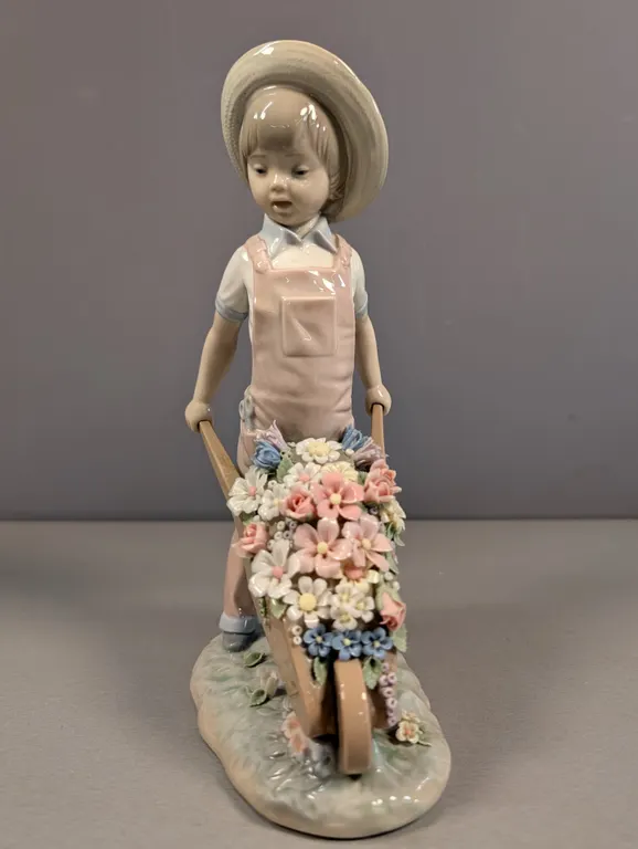 Lladro Boy Pushing Wheelbarrow with Flowers Porcelain Figurine