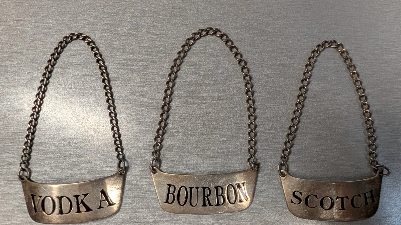 Sterling Silver Liquor Bottle Labels for Vodka, Bourbon, and Scotch
