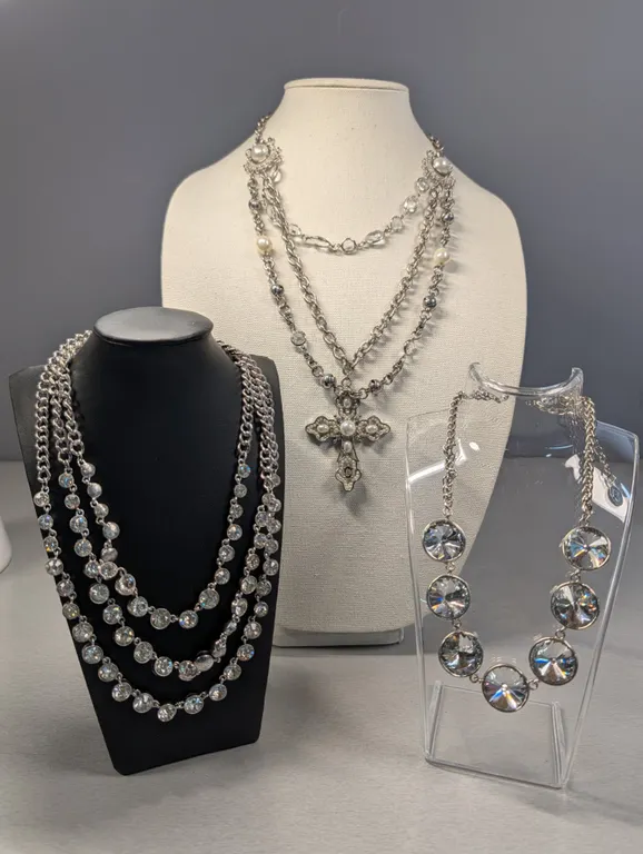 Lot of Three Silver-Tone Necklaces with Faux Pearls and Rhinestones