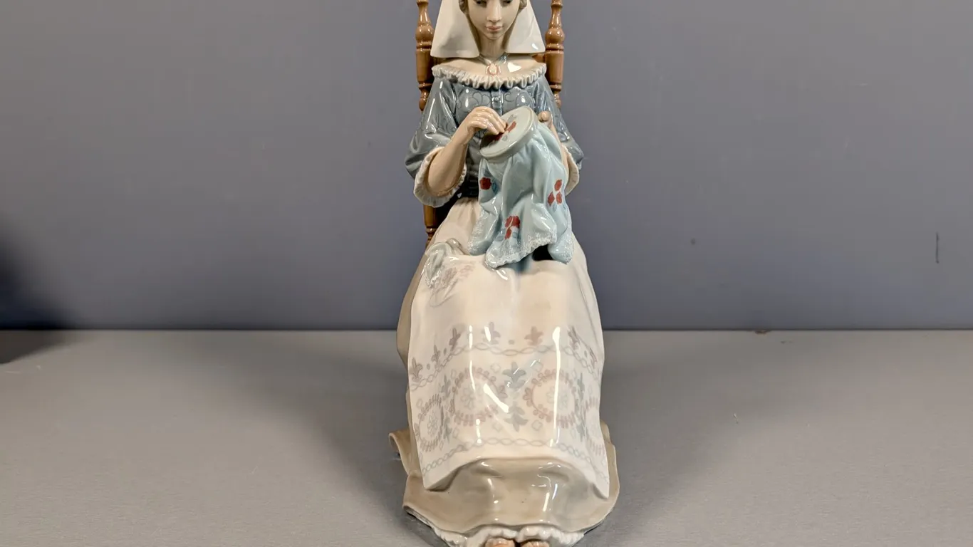 Lladro "Girl Sewing in Rocking Chair" Porcelain Figurine