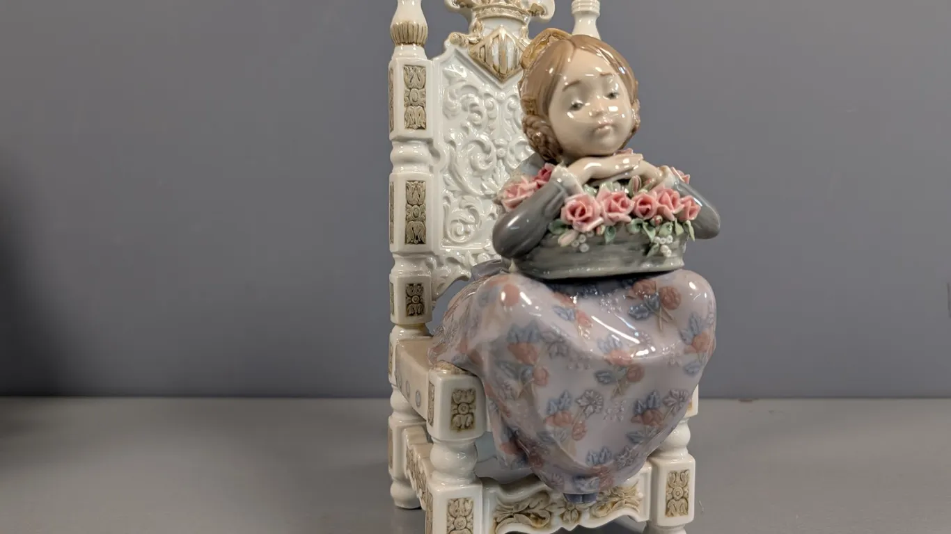 Lladro "Girl with Basket of Flowers on Chair" Porcelain Figurine