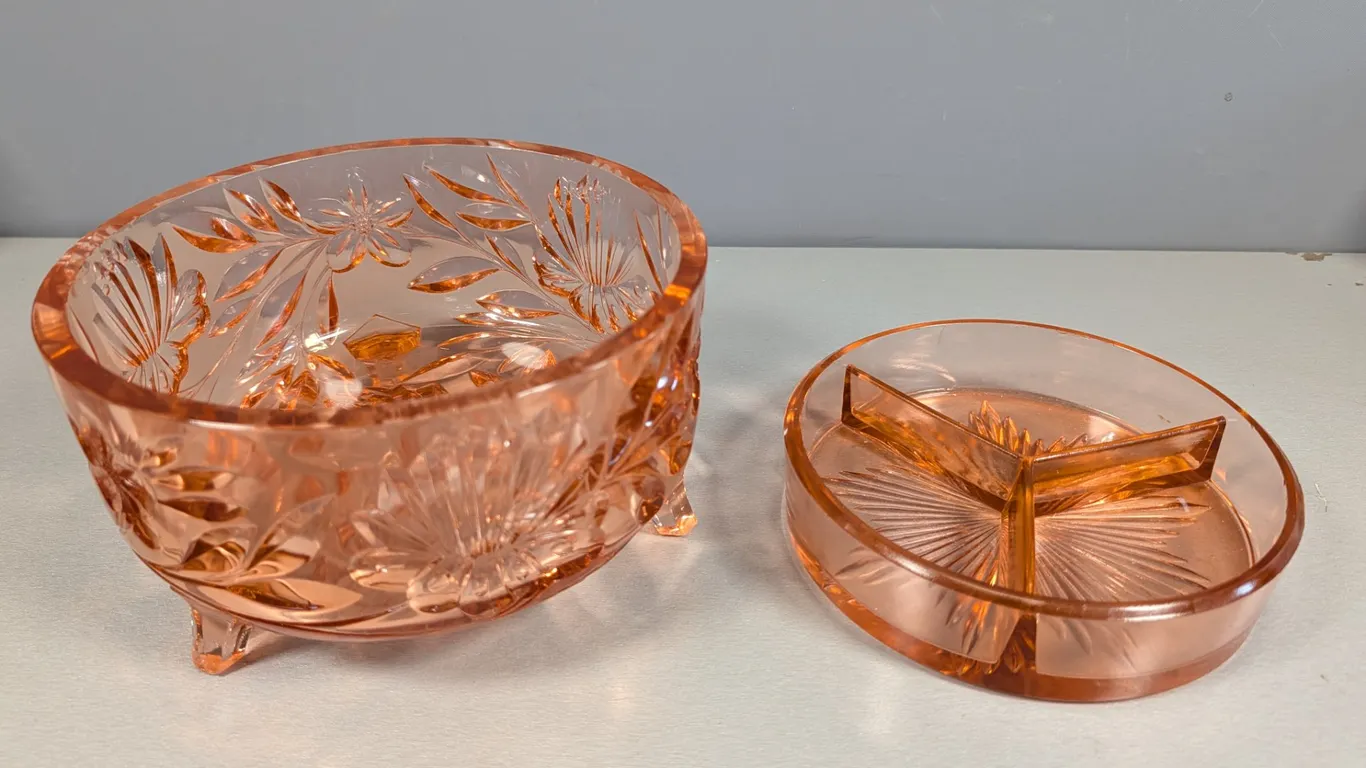 Pink Depression Glass Footed Candy Dish with smaller divided bowl