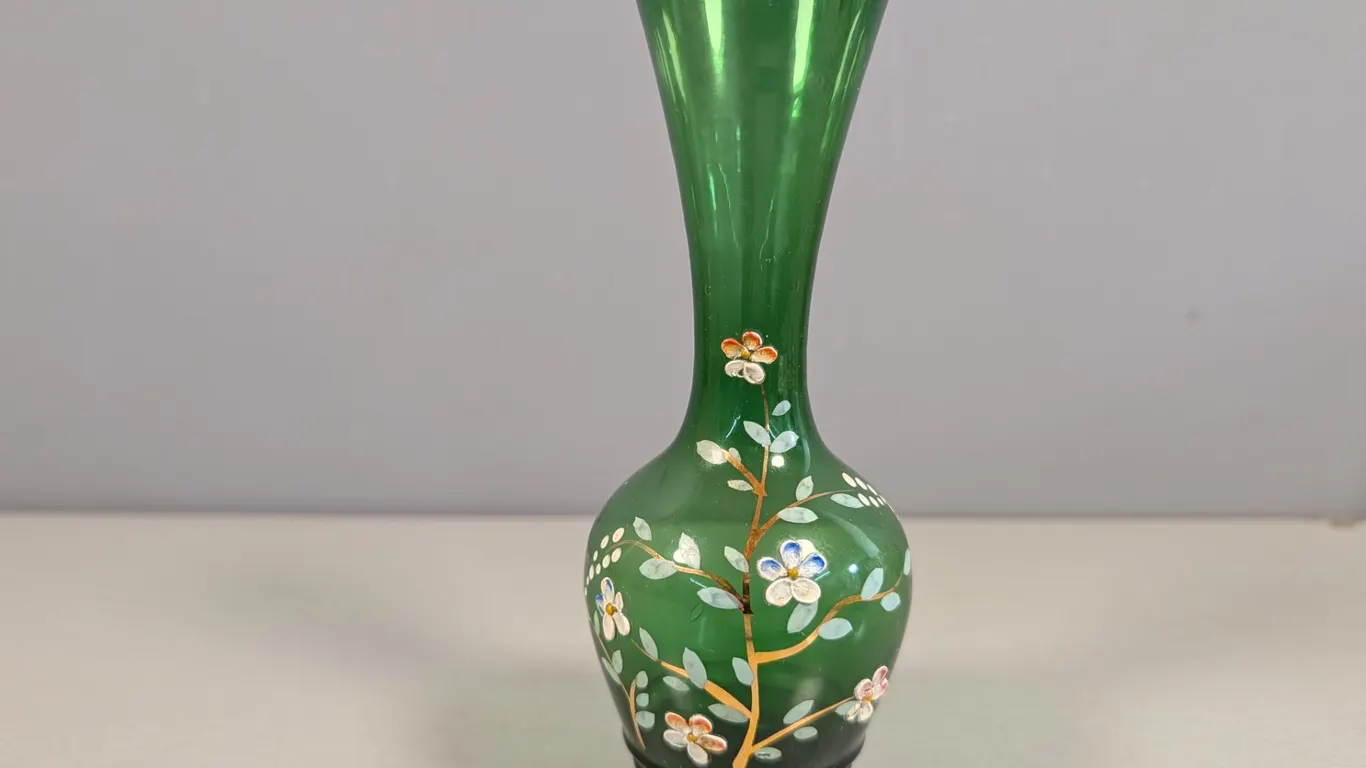 Hand-Painted Green Art Glass Vase with Gilt Rim