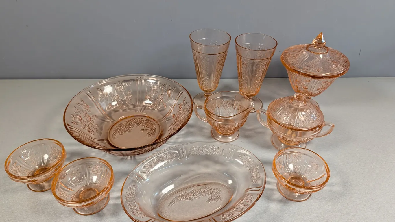 Vintage Pink Depression Glassware Set with Floral Embossing
