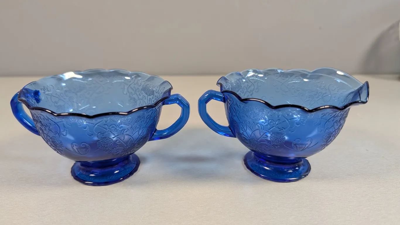 Blue Glass Floral Sugar and Creamer Set
