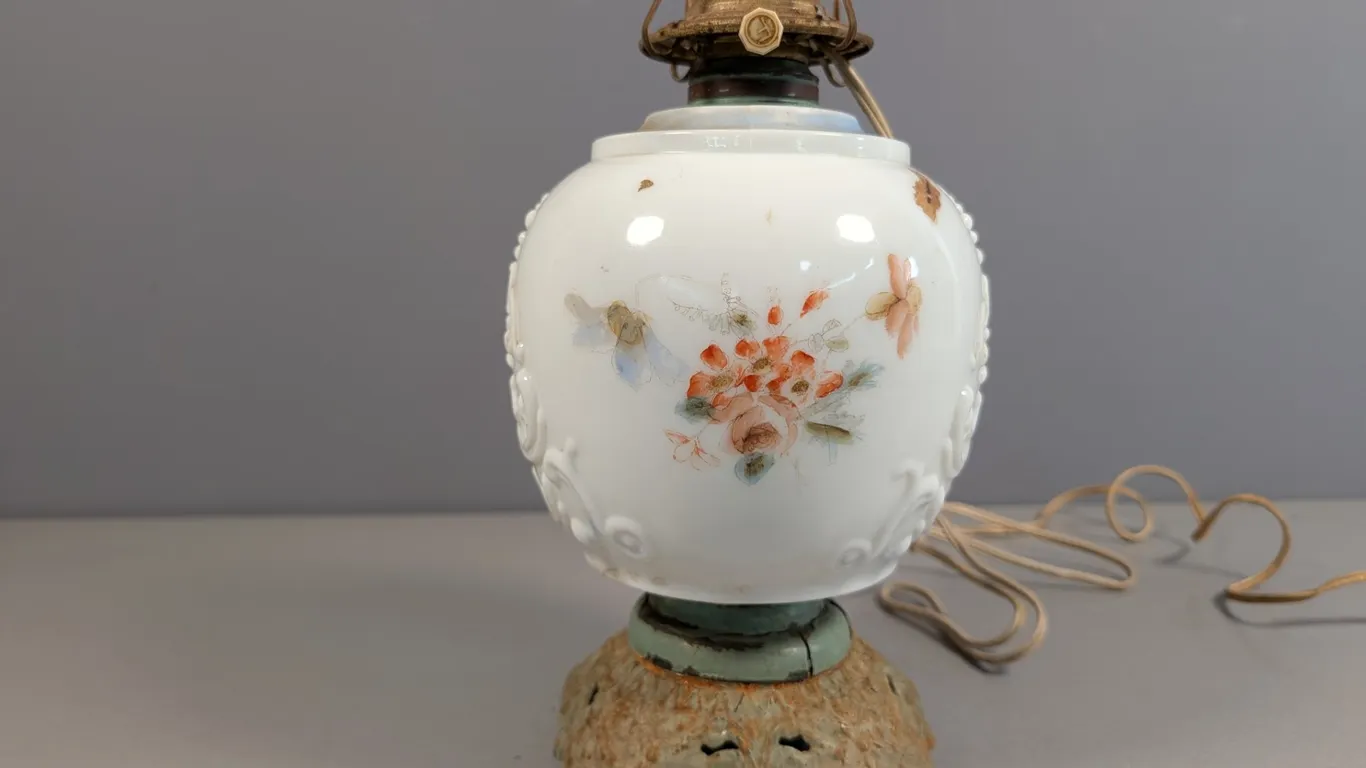 Vintage Floral Glass Table Lamp with Distressed Metal Base