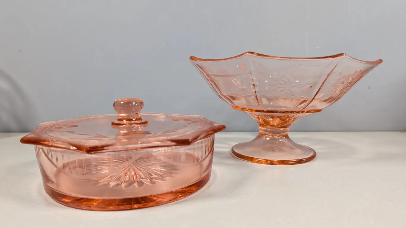 Pink Depression Glass Covered Dish and Footed Bowl Set