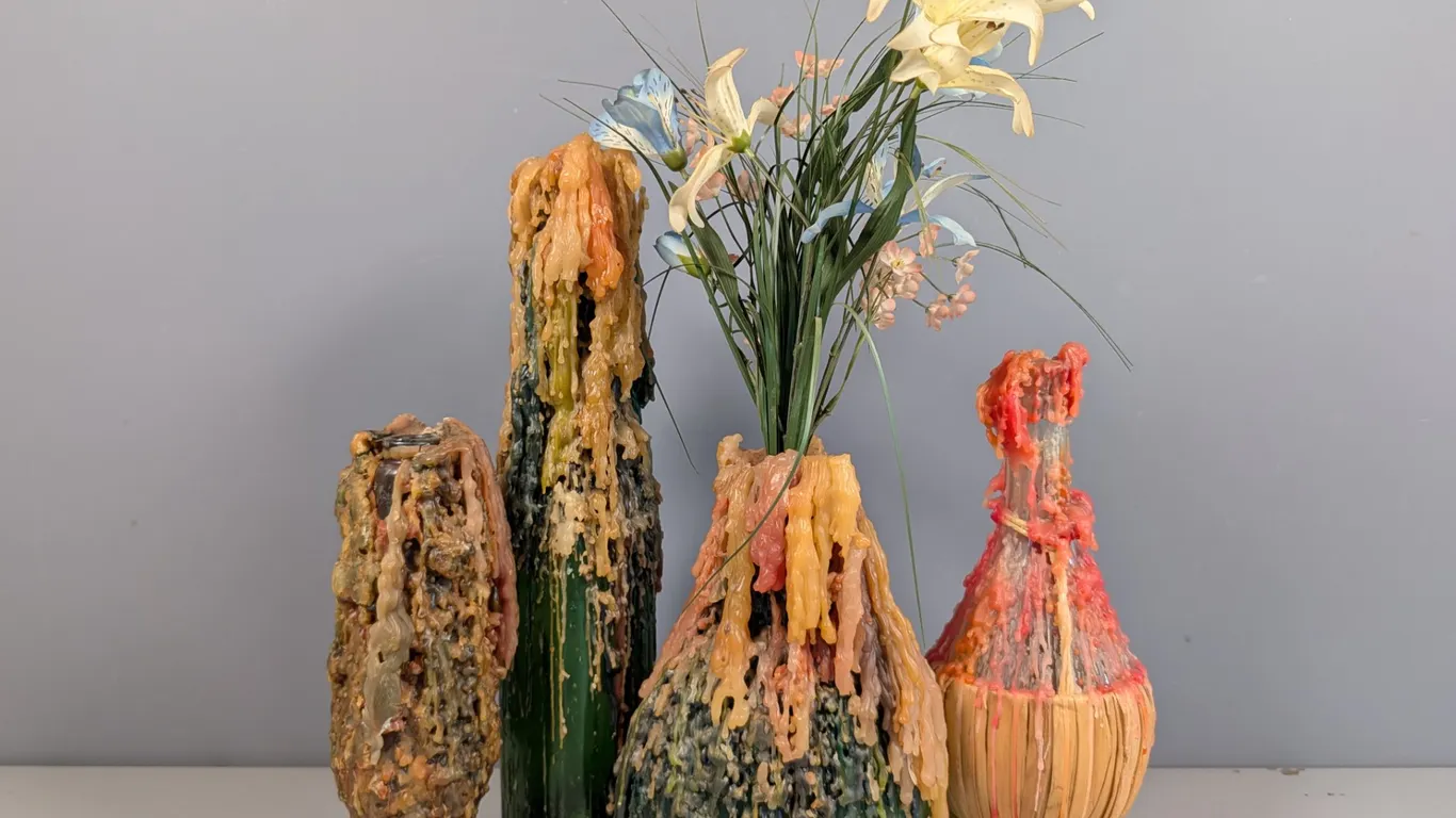 Set of 4 Vintage Wax-Dripped Bottle Vases with Faux Flowers