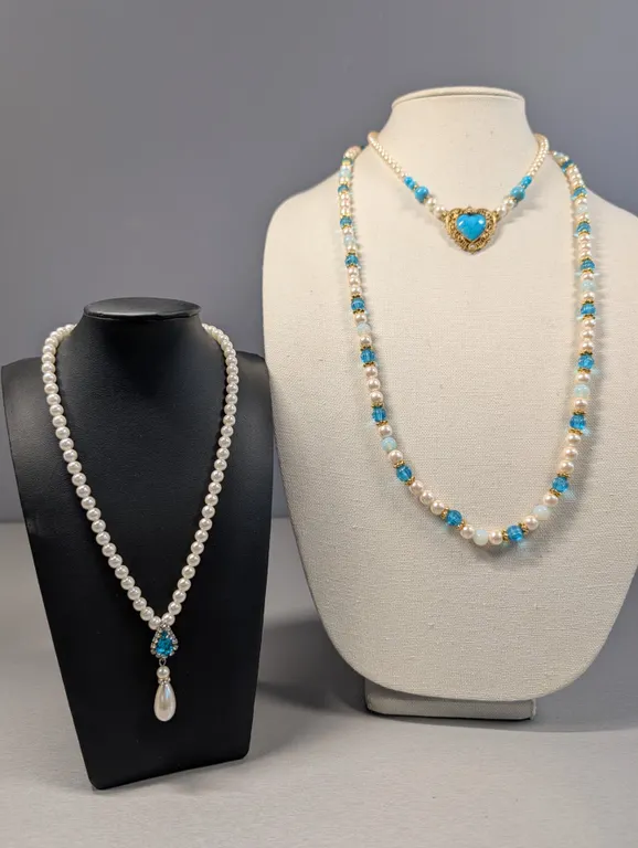 Three faux Pearl and Blue Stone Necklaces