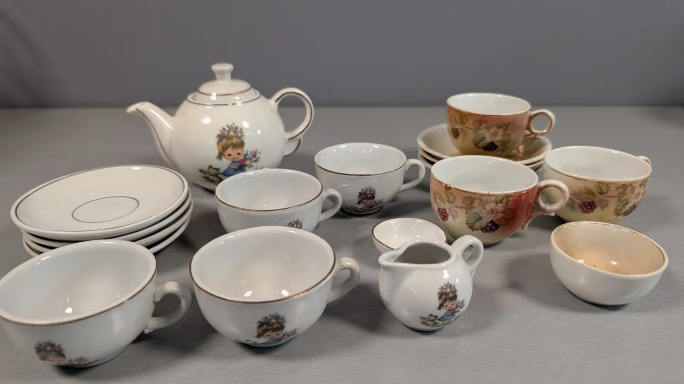 Vintage Child's Porcelain Tea Set with Floral and Girl Decals