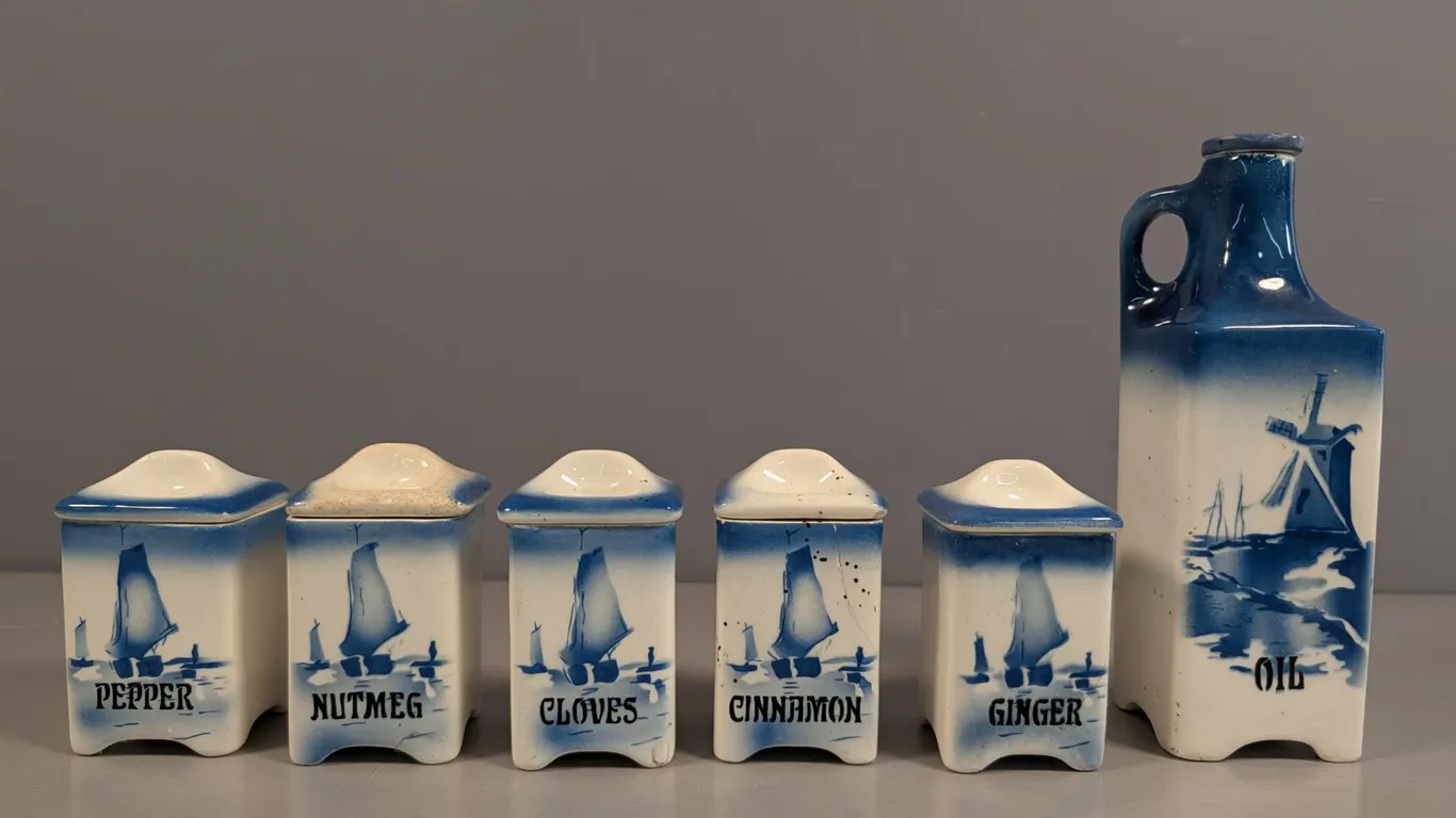 Vintage Blue and White Delft-Style Spice Jar Set and Oil Jug, Made in Czechoslovakia