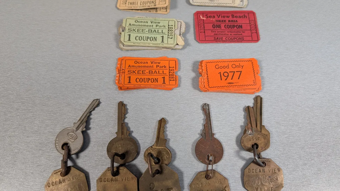 Vintage 1977 Skee-Ball Tickets and Ocean View Brass Key Tags