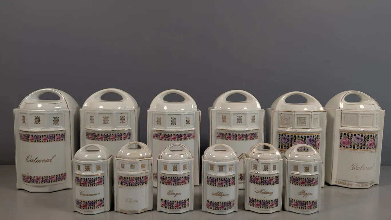 Antique German Porcelain Floral Kitchen Canister and Spice Jar Set