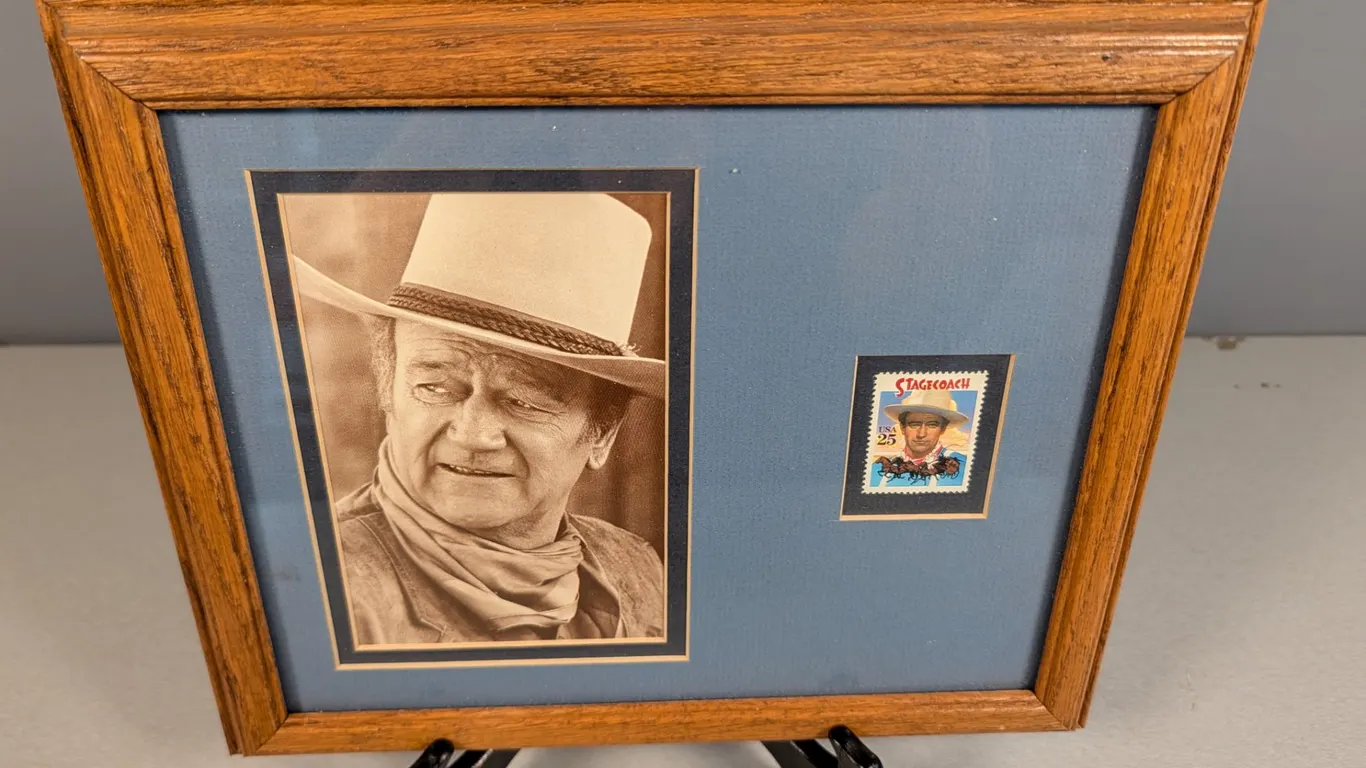 Framed John Wayne Portrait and 'Stagecoach' Stamp