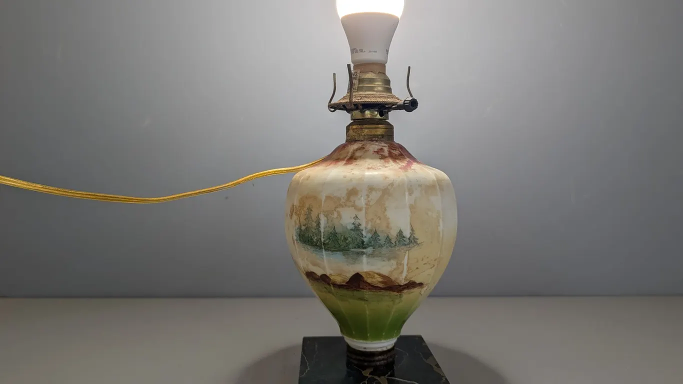 Vintage Hand-Painted Scenic Accent Lamp with Marble Base