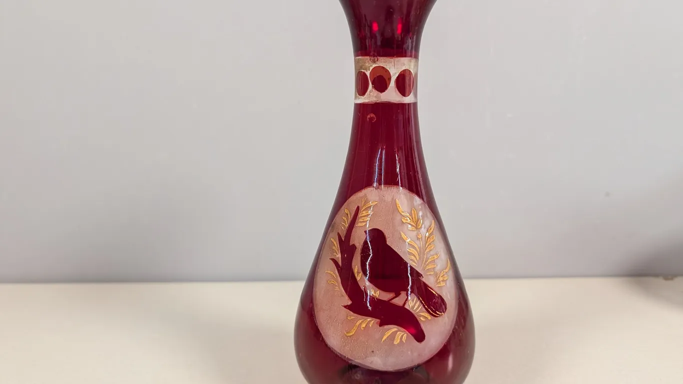 Ruby Red Art Glass Vase with Bird Motif