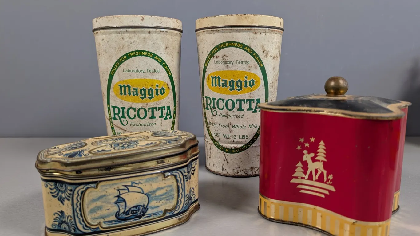 Collection of Vintage Tin Boxes: Maggio Ricotta and Decorative Tins
