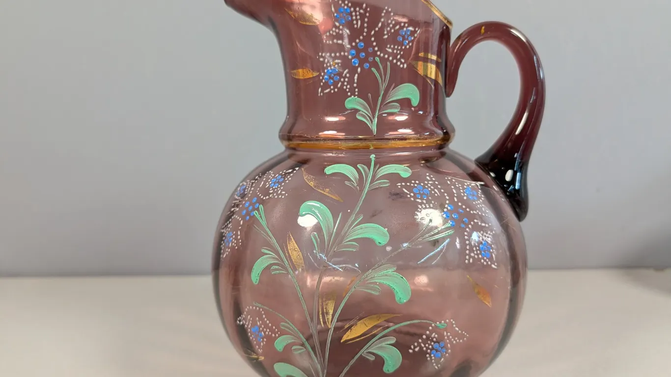 Amethyst Glass Enamel Decorated Pitcher