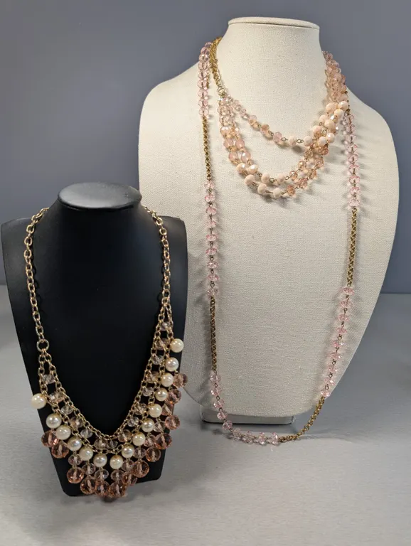 Fashion Necklace Lot with Pink Beaded Multi-Strand and Pearl Statement Necklaces
