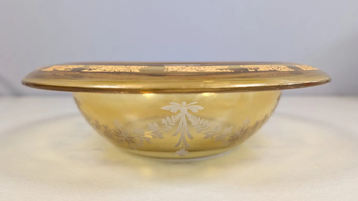 Amber Etched Glass Bowl with Gold Band